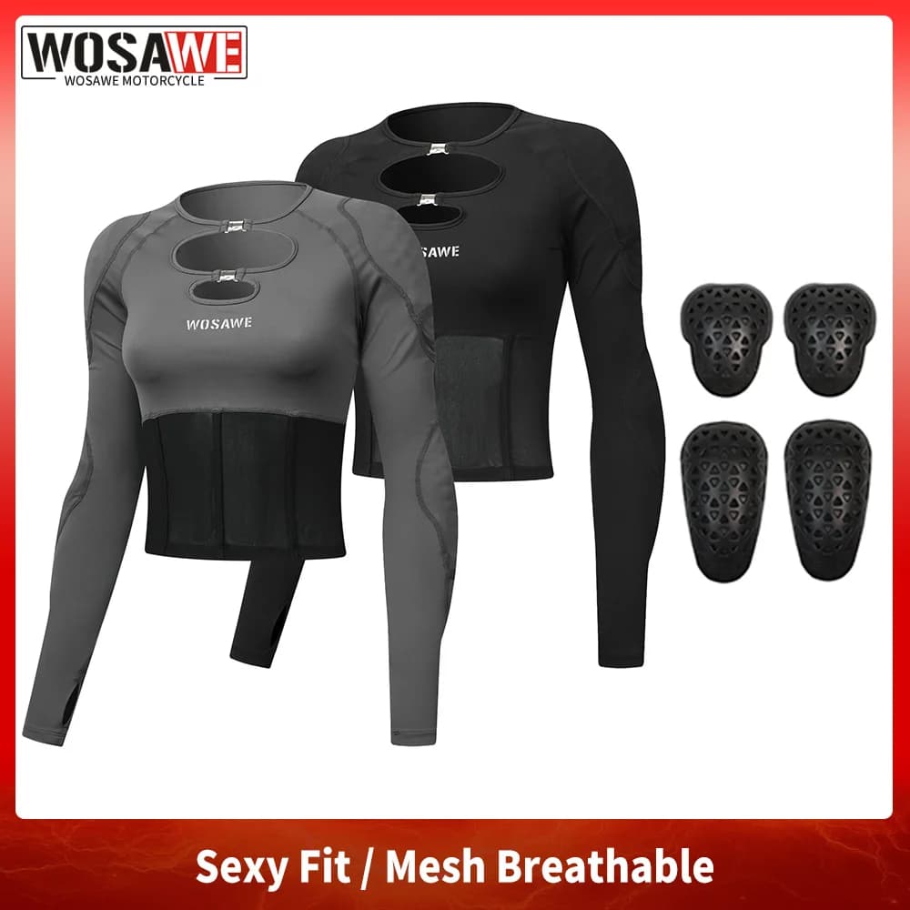 WOSAWE Magliette da Moto per Donne con Imbottiture Rimovibili per Spalle e Gomiti, Giacca Estiva Traspirante, Top con Pannelli in Rete, Sexy T-Shirt Nera in Rete