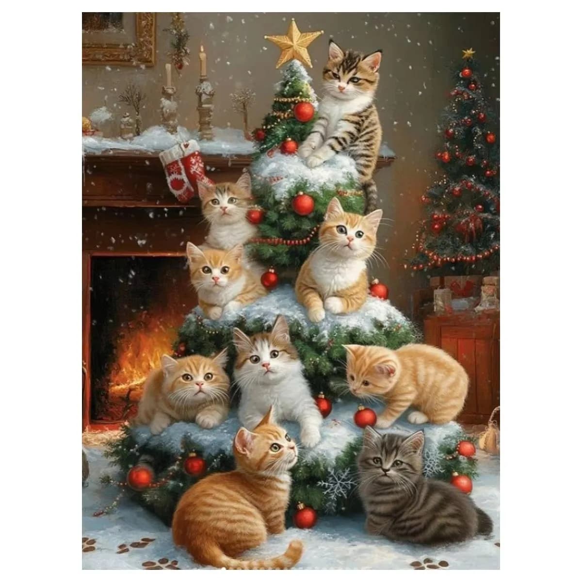 Oil Painting by Number Kit Christmas Tree and Cat Canvas Wall Art for Adults DIY Home Decor Gift