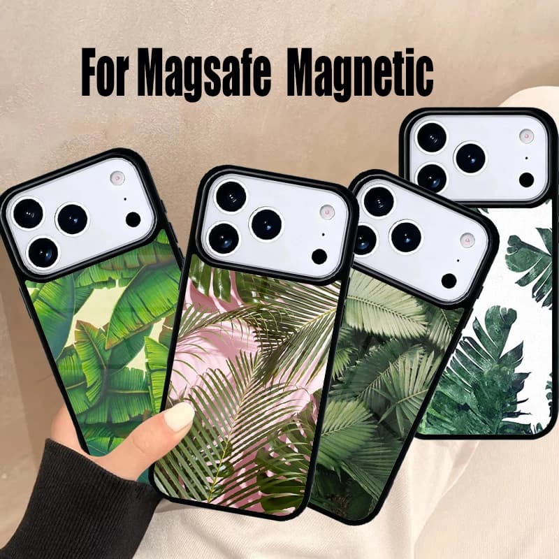 Cover per iPhone con Foglie di Banano e Palma Tropicale per iPhone 17 Air 16e 15 14 13 12 11 Pro Max Plus, Cover Magnetica Wireless Magsafe