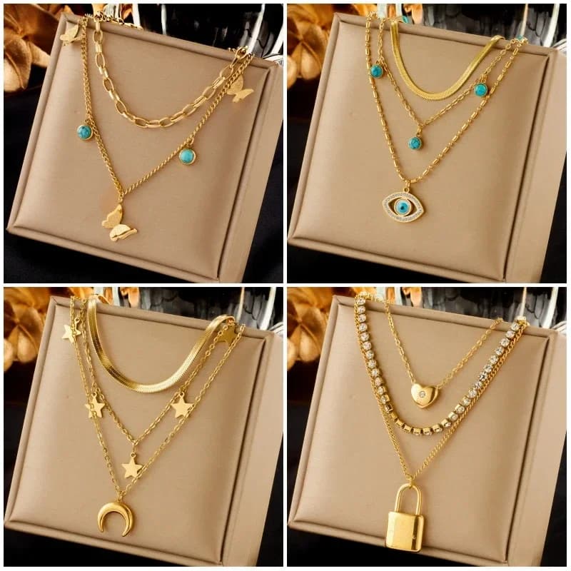 Collana da donna con ciondolo a forma di luna e farfalla in acciaio inossidabile, occhio blu, nuova catena multistrato, gioiello regalo per uso quotidiano OUI