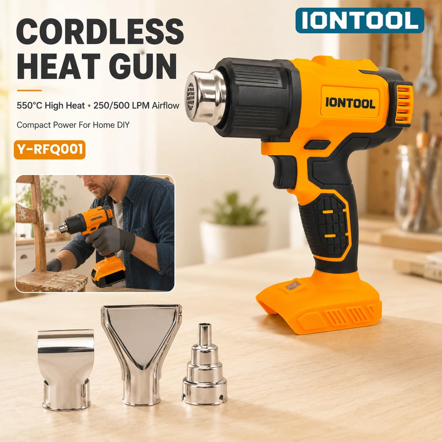 IONTOOL Yellow Handheld Cordless Heat Gun 550℃ 250-500LPM Bare Unit for Hardware Repair and Small Part Heating Tasks
