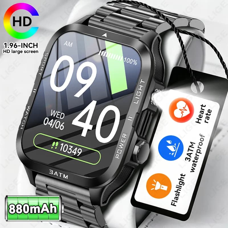 LIGE 2026 Nuovo Smartwatch Militare con Batteria da 880mAh, Impermeabile 3ATM, Cardiofrequenzimetro, Torcia, Braccialetto Sportivo da Uomo, Chiamate BT
