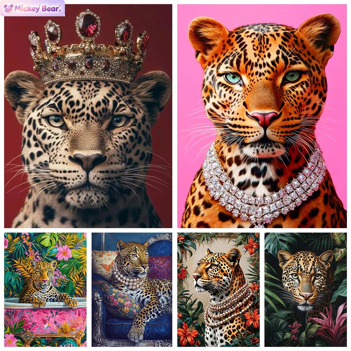 Frameless DIY Diamond Painting Fresh Flowers and Leopards Full Round Drill Embroidery Cross-stitch Room Home Decor Mosaic Painting Suitable for Beginners