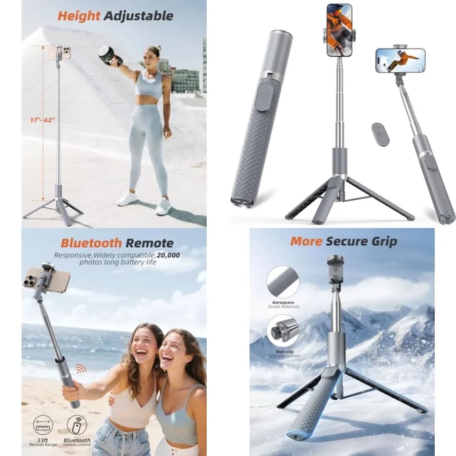 Treppiede per telefono e bastone selfie con telecomando, portatile, leggero per la registrazione di video e vlog, supporto treppiede da viaggio estensibile compatibile con iPhone e Android, grigio, 62 pollici