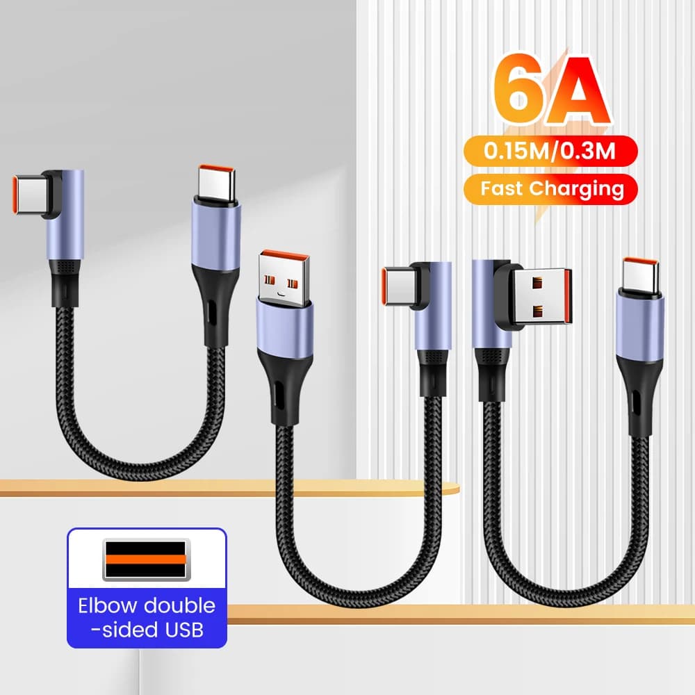 90 ° Ultra short USB C cable elbow USB cable type C 6A 66W 0.25/0,5M Quick charging cable for Samsung Xiaomi Huawei Quick charging