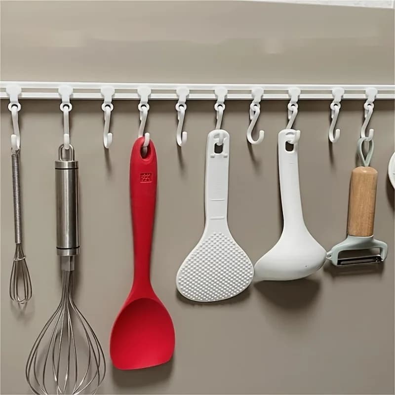 40cm No Drill Kitchen Utensil Rail Hook, Multifunctional Sliding Adhesive Hanging Track with Movable S Hooks, Wall Mount Cabinet