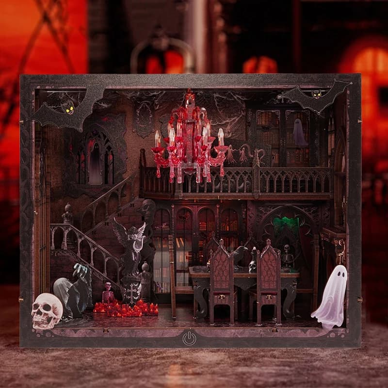 Kit di inserti per scaffali per angoli per libri in legno fai-da-te Kit di modelli in miniatura per fermalibri per casa scura di Halloween Scaffale con luce per regali di amici