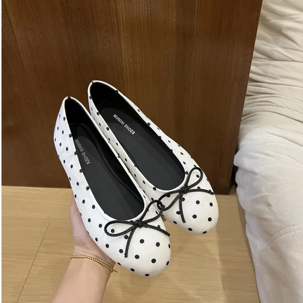 Nuove Ballerine da Donna con Punta Rotonda a Pois, Decorazione a Fiocco, Scarpe Eleganti Leggere e Comode