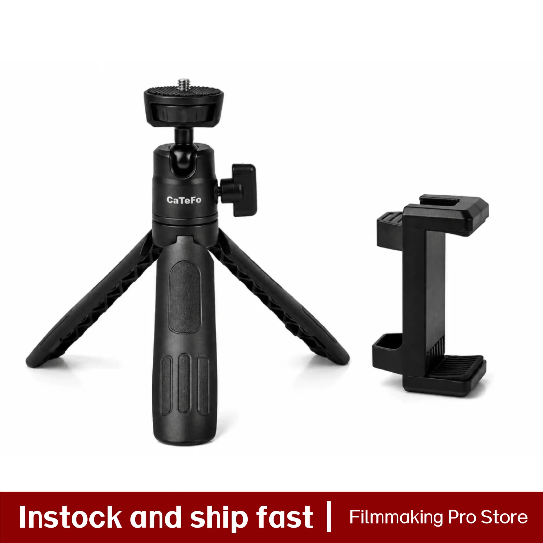 CaTeFo Mini Camera Tripod with Phone Holder, Portable Desktop Tripod Stand with 360° Ball Head & 90° Selfie Stick Handle Tripod