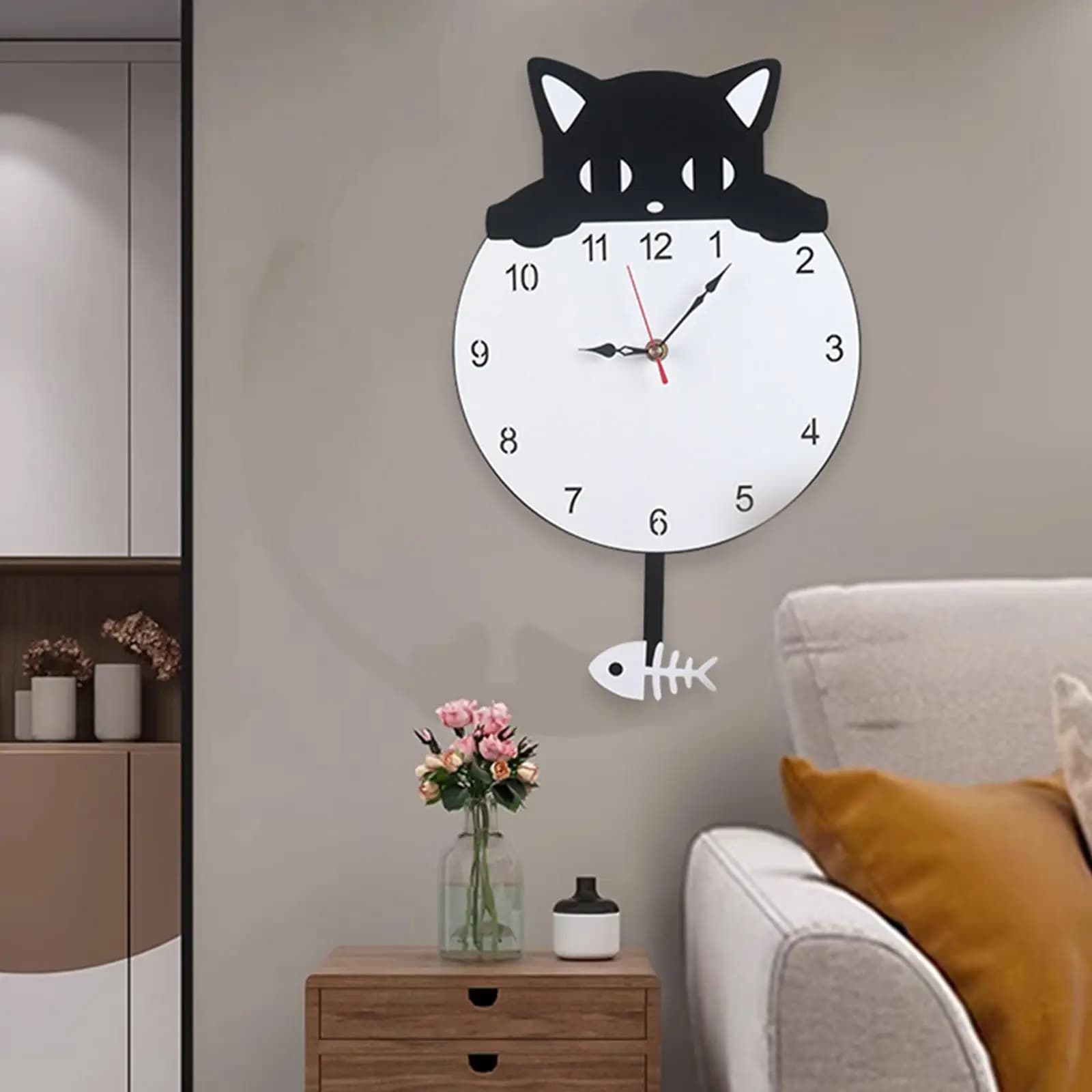 Orologio da parete a pendolo creativo con gatto Orologio silenzioso a forma di cartone animato adorabile per la decorazione della camera da letto dei bambini, soggiorno, sala da pranzo