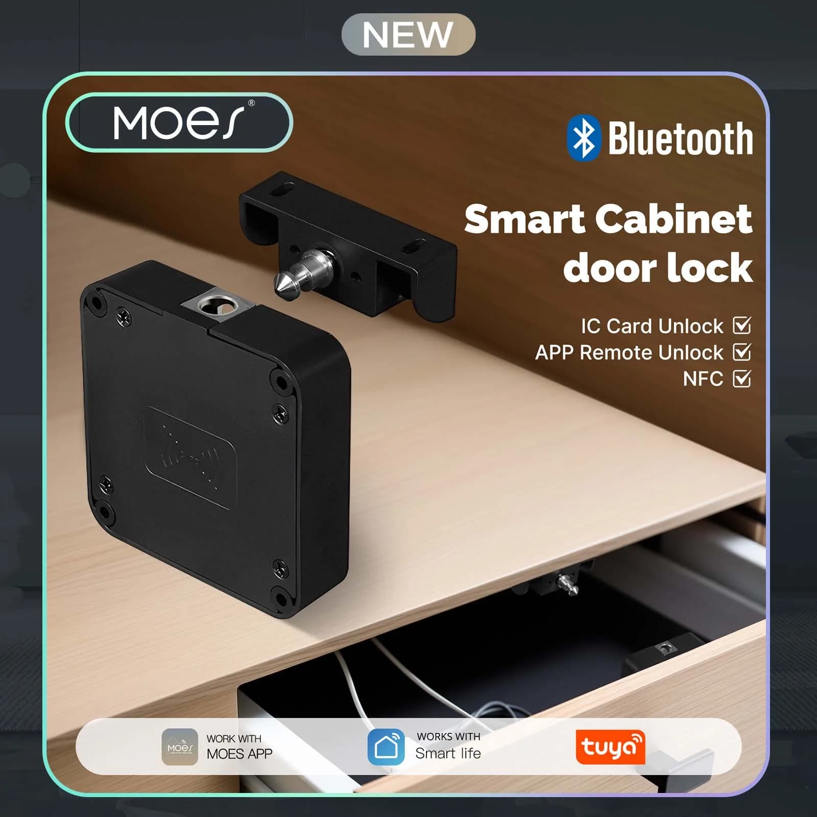Serratura Intelligente Bluetooth MOES per Cassetti, Controllo Remoto tramite App Tuya, Senza Chiave, con Scheda IC, Serratura di Sicurezza Nascosta per Mobili in Legno e Armadietti