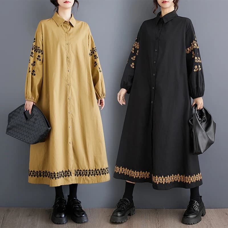 Women's Casual Long Sleeve Embroidered Shirt Dress Loose Splicing Sweet Style Polyester Fiber A-Line Skirt Single Button