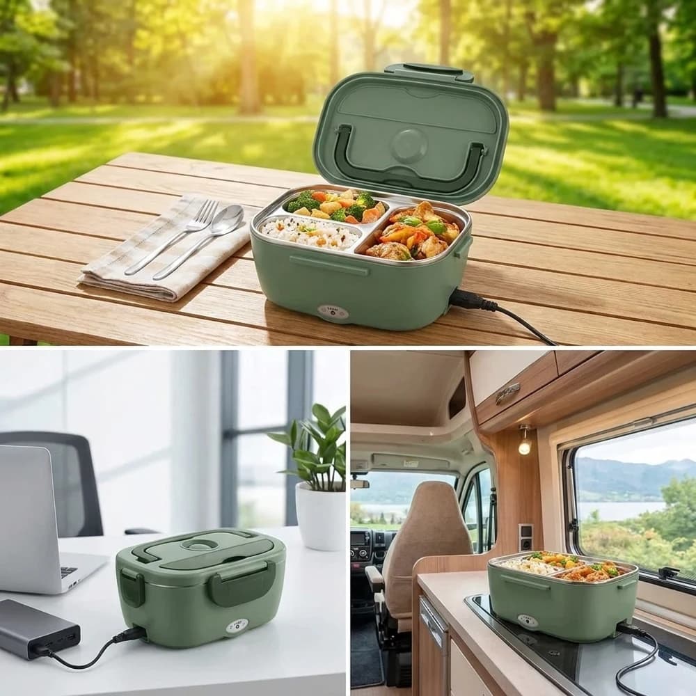 Scaldavivande Elettrico Portatile da 80W, Contenitore Termico in Acciaio Inox a 2 Scomparti con Borsa per il Trasporto, Cucchiaio e Forchetta, Doppia Tensione