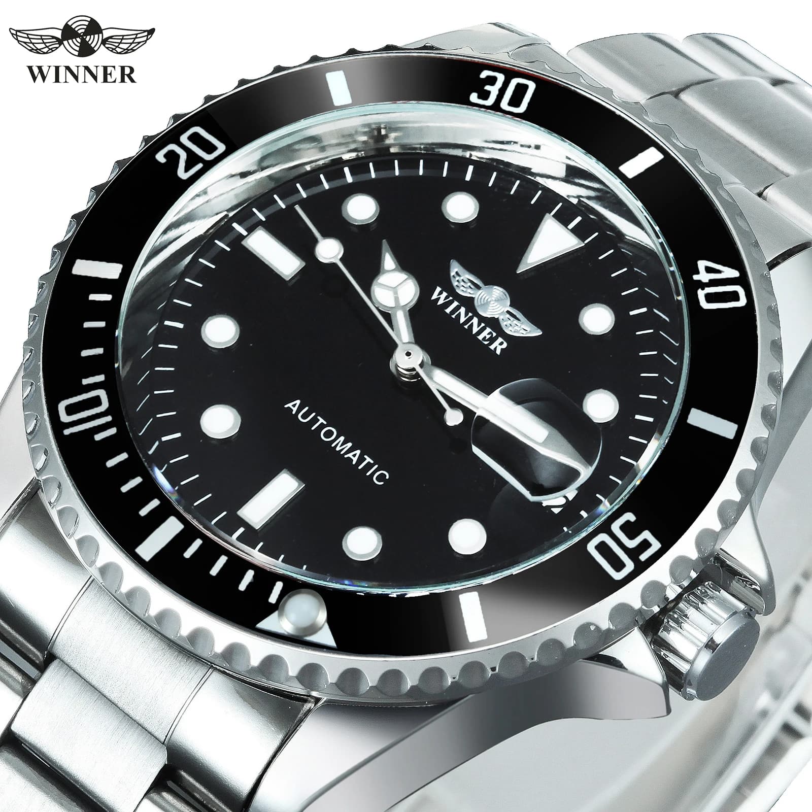 WINNER Orologio meccanico classico da uomo Luminoso cinturino in acciaio inossidabile Marchio di lusso Moda Business Orologi automatici da uomo Regali