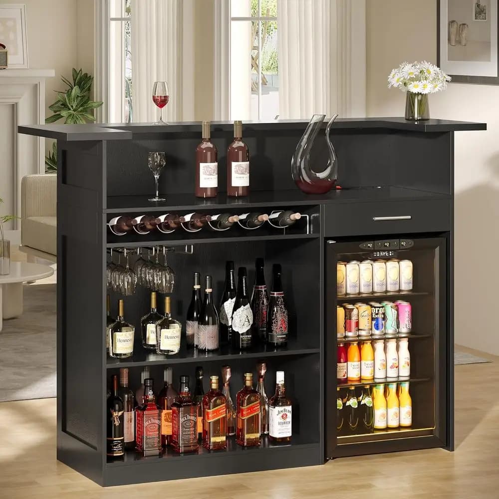 Mobile Bar Compatto per Casa con Ripiani Portaoggetti, Armadietto per Liquori e Portabicchieri da Vino, Ideale per Seminterrato o Soggiorno