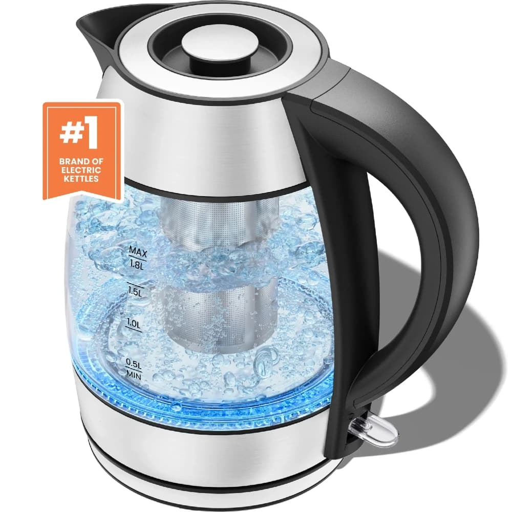 Bollitore Elettrico in Vetro da 1,8L a Ebollizione Rapida con Infusore per Tè Rimovibile, Indicatori LED, Acciaio Inossidabile