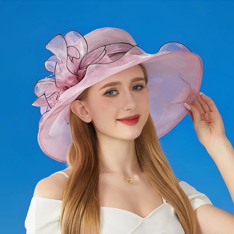 Cappello Elegante in Rete con Fiori in Organza, Tesa Larga, Protezione Solare, per Donna, Ideale per Feste, Matrimoni, Chiesa, Spiaggia, Pieghevole