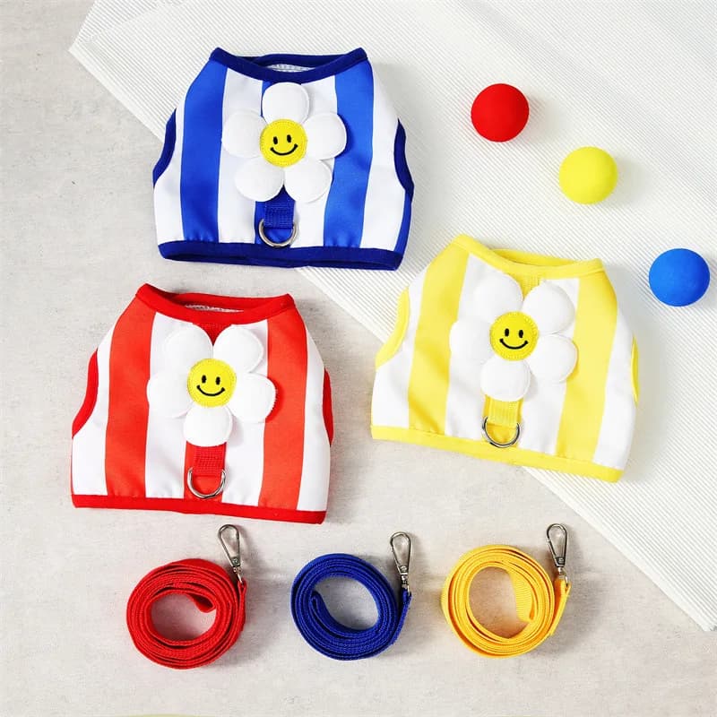 Set di gilet e guinzaglio per cani con girasole a righe - Guinzaglio per cani con imbracatura per animali domestici casual per passeggiate all'aperto e interni per cani di piccola taglia