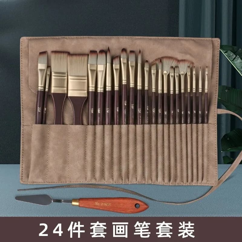 24-Piece Professional Nylon Hair Paint Brush Set with Faux Leather Storage Case - Perfect for Watercolor, Oil & Acrylic Painting