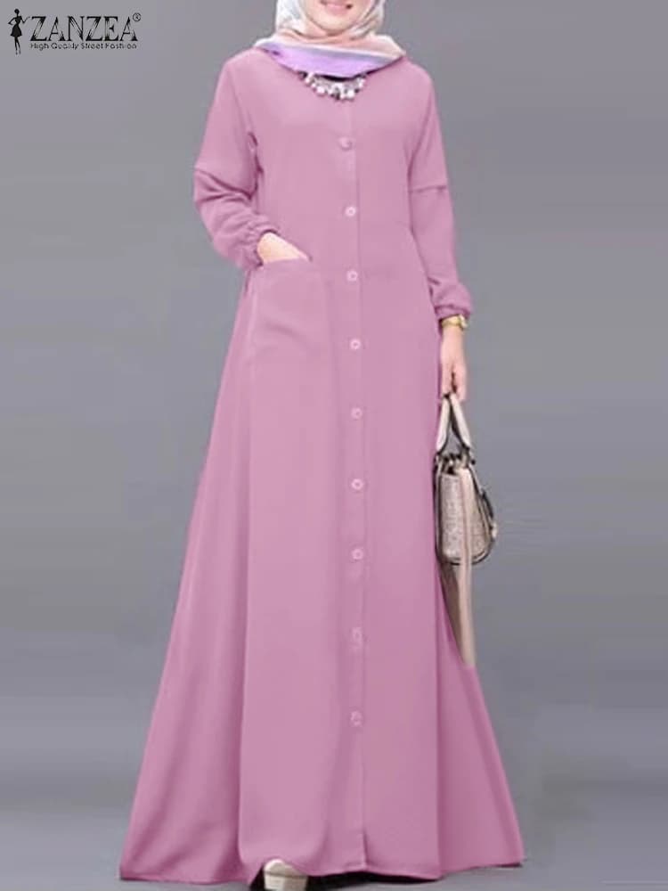 Abito musulmano autunno donna ZANZEA Turchia Abaya Dubai Robe Elegante manica lunga Bottoni Imbottiture Maxi Abiti Caftano Abbigliamento islamico