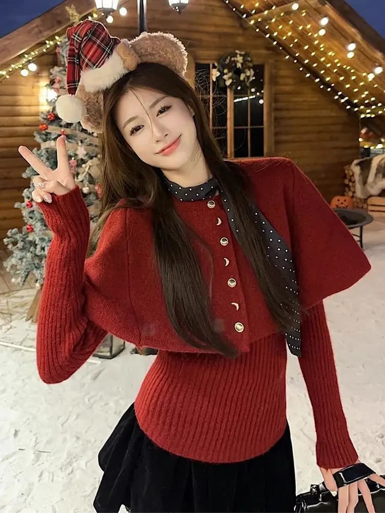 Completo Natalizio Coreano con Mantello Rosso e Maglione, Nuovo Stile Casual di Alta Gamma per Donna Autunno-Inverno 2025