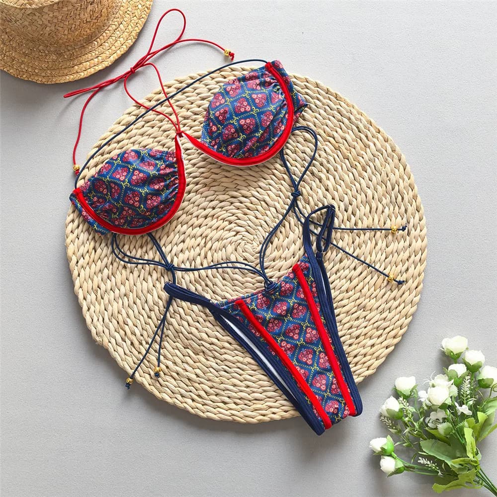 Bikini Micro a Perizoma Blu Vintage con Stampa, Push-Up, Sexy, con Nodo Posteriore, Costume da Bagno Donna, Set Bikini 2026