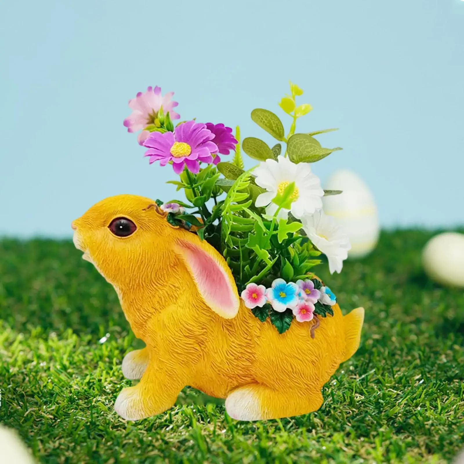 Easter Bunny Figurine Flower Pot Animal Sculpture Resin Decorative Rabbit Statue Easter Gift for Desk Bedroom Living Room