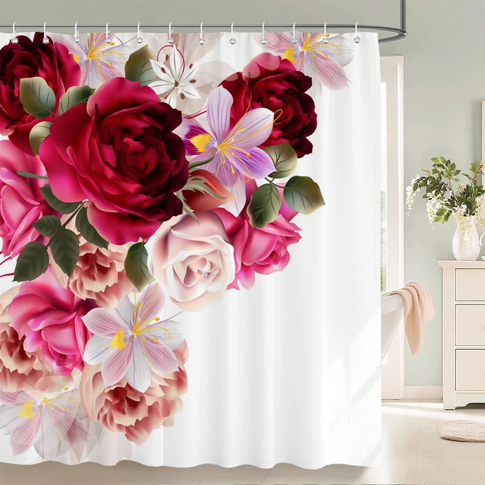 Tenda da doccia con stampa floreale rosso rosa rosa all'effetto giglio, in tessuto poliestere impermeabile, con ganci, ad asciugatura rapida, lavabile, per bagno