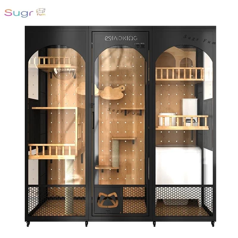 Meow Emperor panoramic glass luxury solid wood cat villa can be customized with automatic cat litter pot, large space cat cage,