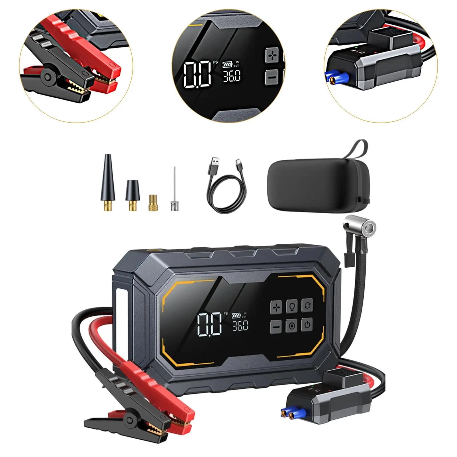 Digital Car Jump Starter Power Bank Air Compressor Tire Inflator for Vehicle Emergency Accessories