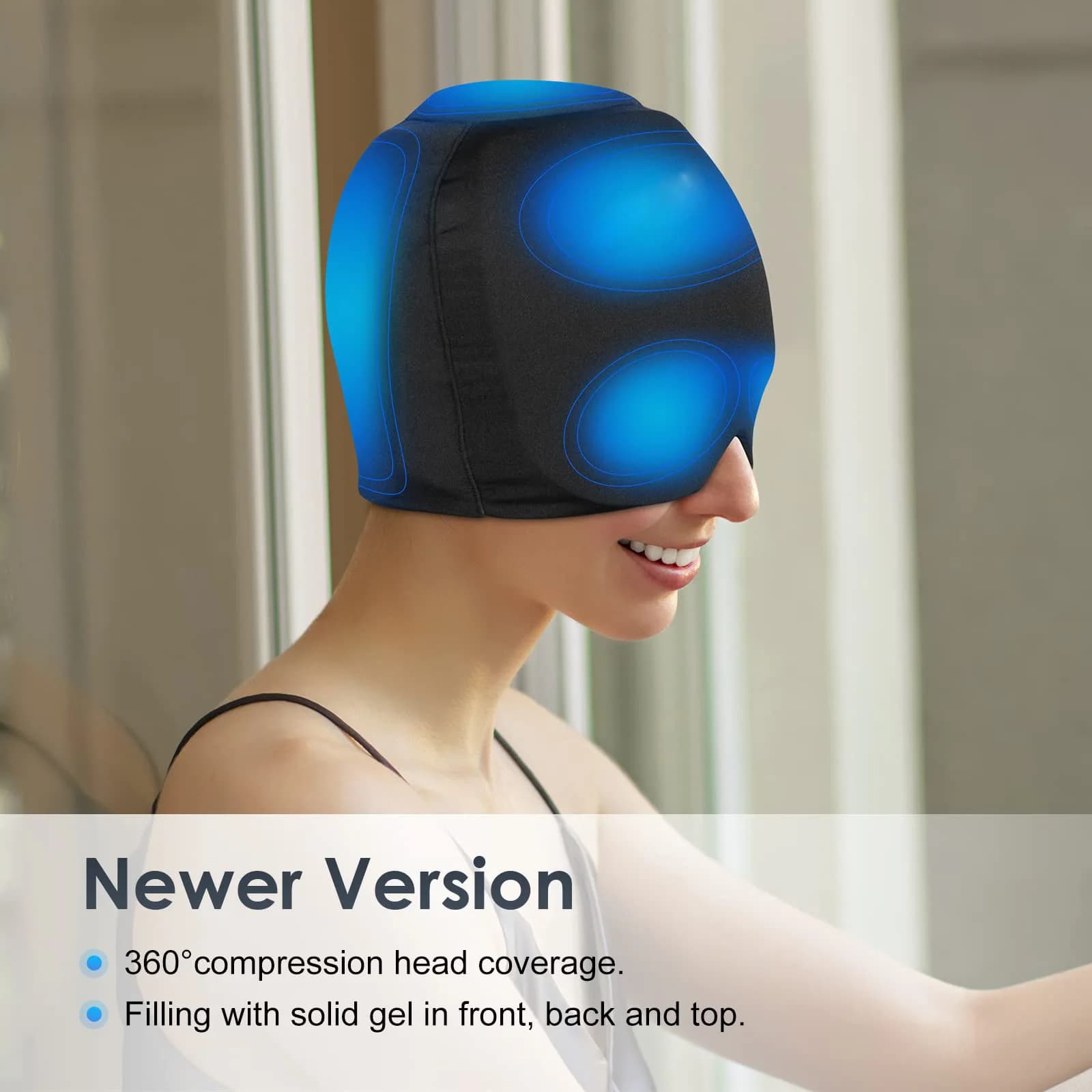 1 ice cap, migraine headache head band, cold hot gel hat, ice pack in gel, light block - with extra gel on top