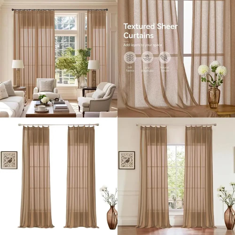 Extra wide transparent curtains with brown folds, soft vertical filter for sliding doors, set of 2 panels, 84x108