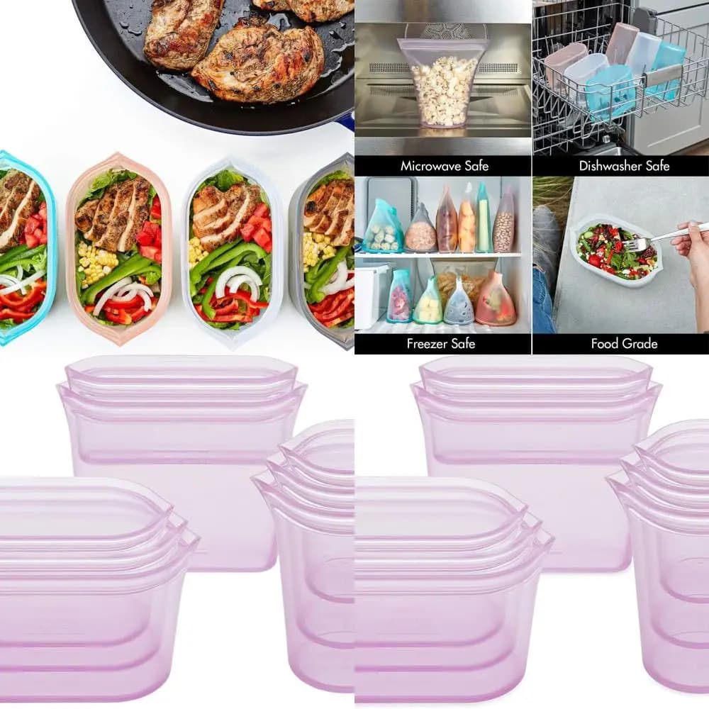 Set di 8 sacchetti riutilizzabili per la conservazione degli alimenti in silicone color lavanda - Contenitori per la preparazione dei pasti sicuri per microonde, lavastoviglie e congelatori realizzati negli Stati Uniti