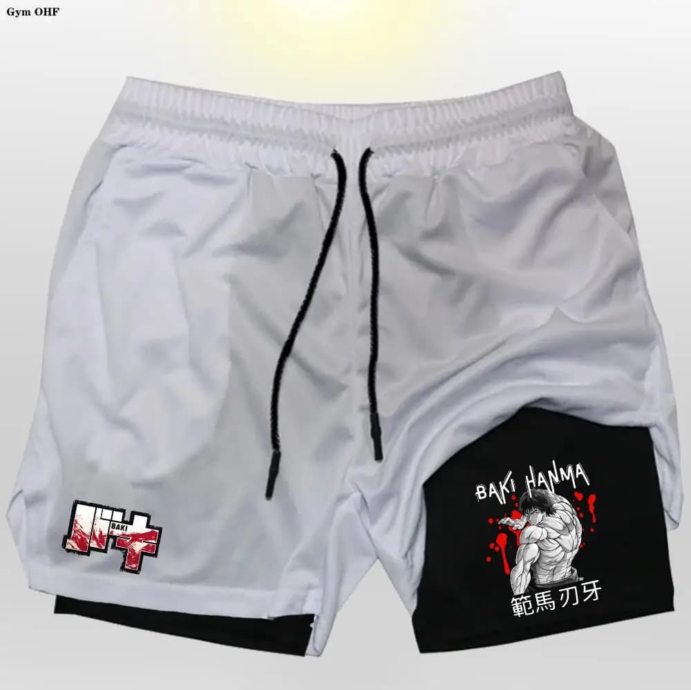 Anime Baki Hanma pantaloncini da uomo Sport 2 in 1 palestra Jogging Running Training traspirante Fitness pantaloni corti con tasca nascosta a doppio strato