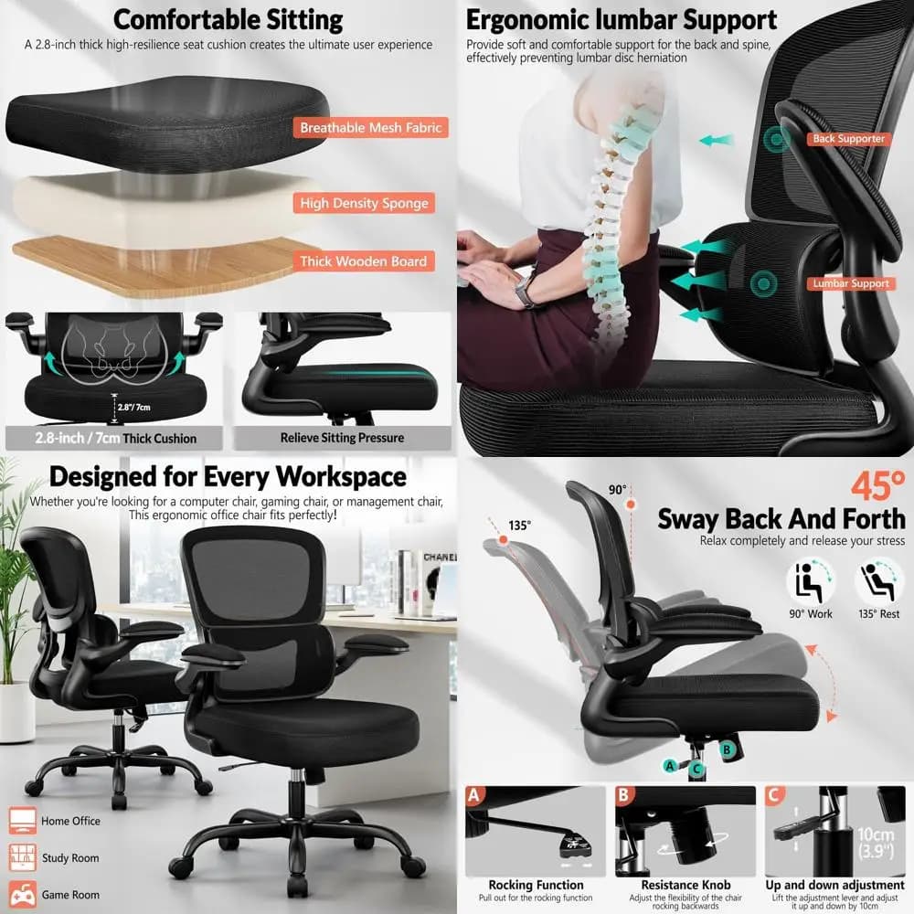 Sedia da scrivania ergonomica in rete traspirante con supporto lombare, braccioli regolabili, ideale per ufficio domestico, gaming e uso per adulti (Bla