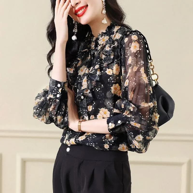 Camicetta stampata floreale moda donna ufficio primavera estate Camicetta femminile a maniche lunghe elegante colletto alla coreana con volant camicia in chiffon impiombata