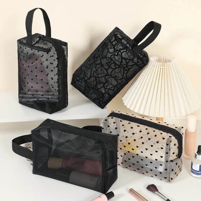 1PCS Women's Heart Mesh Makeup Bag Case Transparent Travel Toiletry Wash Organizer Wash Bag Cosmetic Pouch for Lipstick Storage