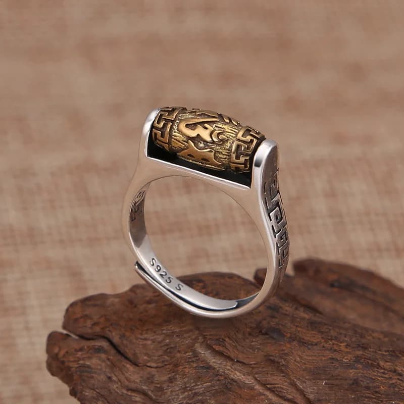 Anello con scritture buddiste con perline rotanti vintage per gioielli da uomo Anello indice maschile di moda in argento sterling 925 per regalo fidanzato