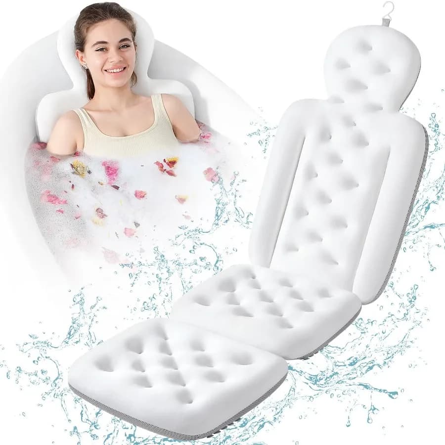 Luxury bathroom cushion Full bath tub cushion with 160 suction cups Head and neck bath cap with linen bag White 51