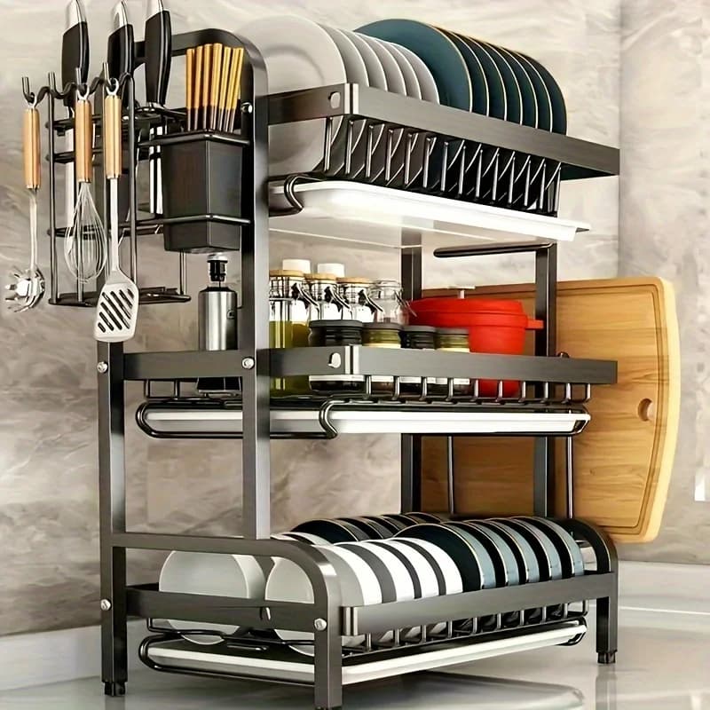 A Dish Rack, Three-Tier Space-Saving Kitchen Countertop Dish Holder, Storage Rack with Cutting Board, Bowl and Plate Holder