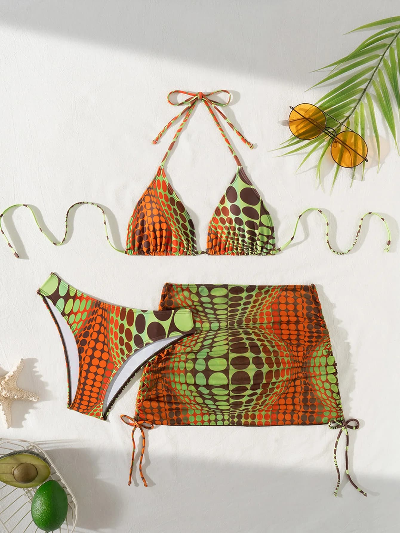 Set Bikini da Donna alla Moda con Stampa, Costume da Bagno Triangolare con Spalline a Corda e Gonna a Rete, Costume da Bagno Tre Pezzi