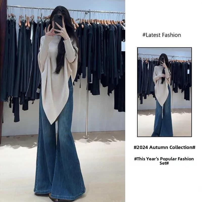 Completo due pezzi da donna in maglia stile casual primavera estate con maglione e jeans a zampa, design di alta gamma, taglie forti, ensemble alla moda