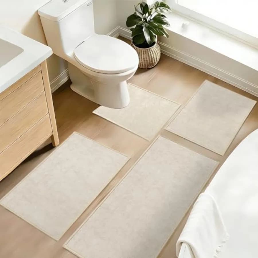Set di Tappeti da Bagno 4 Pezzi Ultra Sottili con Tappetino per WC - Antiscivolo, Asciugatura Rapida, Assorbente, Lavabile in Lavatrice - Tappeti Runner per Bagno