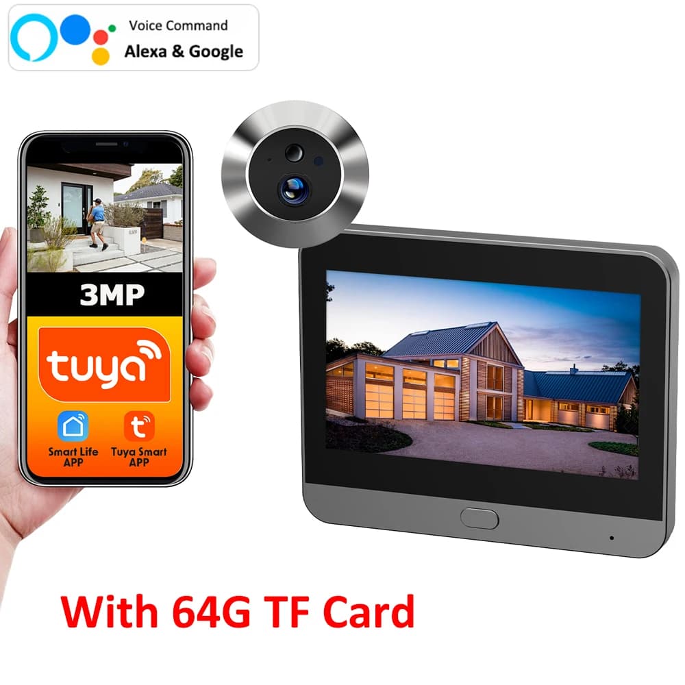 Tuya Smart Life 2.4G WiFi Batteria Spioncino Porta Foro per occhi Visualizzatore digitale Telecamera residenziale 3MP 64G TF Card Include per appartamento