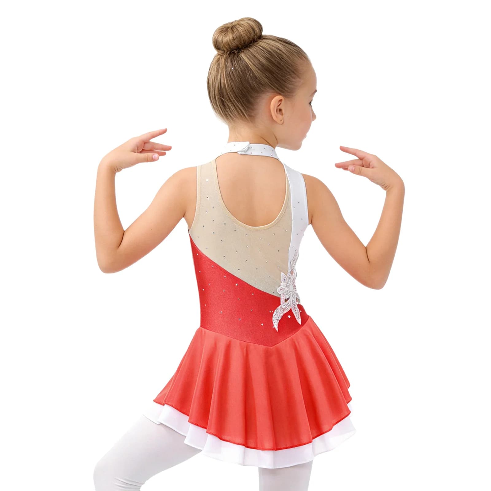 Kids Girls Figure Skating Rhythm Gymnastics Costume Sleeveless Shiny Rhinestone Sequin Floral Lyrical Ballet Dance Dress Leotard