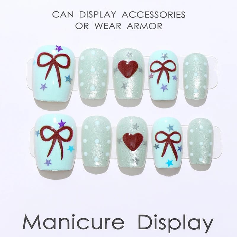 10Pcs Korean Style Women and Girls Cute Blue Heart and Bowknot Press On Nails Little Fresh Style Cat-eye Reusable Fake Nail Art