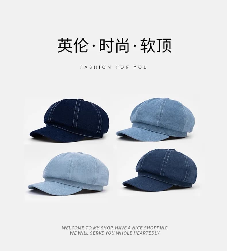 Women's Denim Washed Octagon Beret , Korean Fashion Painter Cap, Outdoor Sun Protection Casual Hat, Newsboy Style