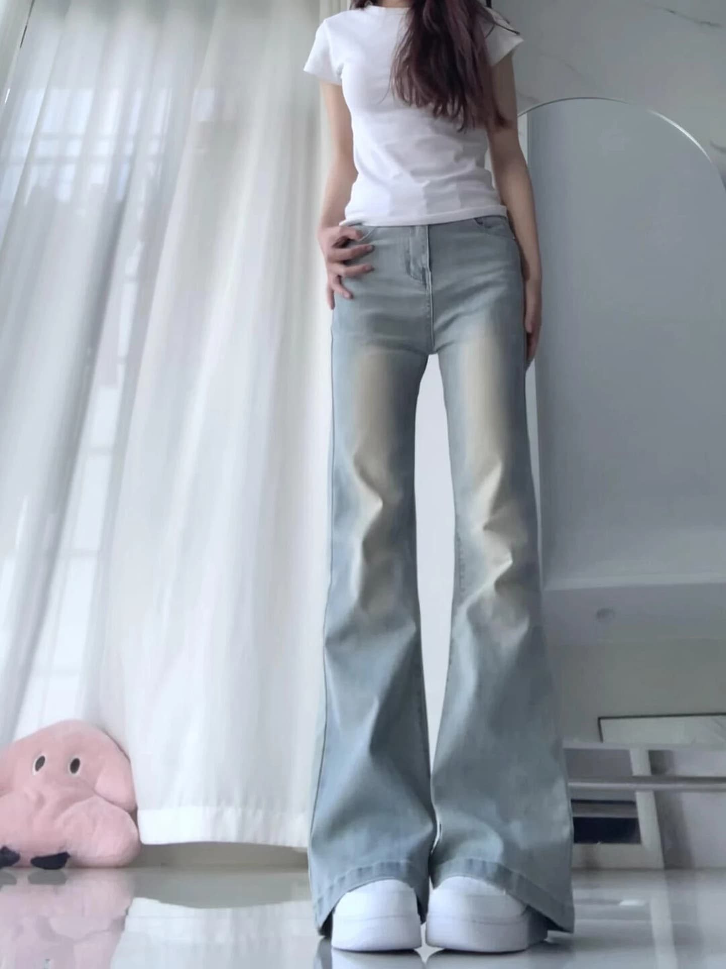Retro American Light Blue Washed Bell Bottom Jeans Women's Summer Elastic Slimming Wide Leg Pants High Waist Cotton Stretch D...