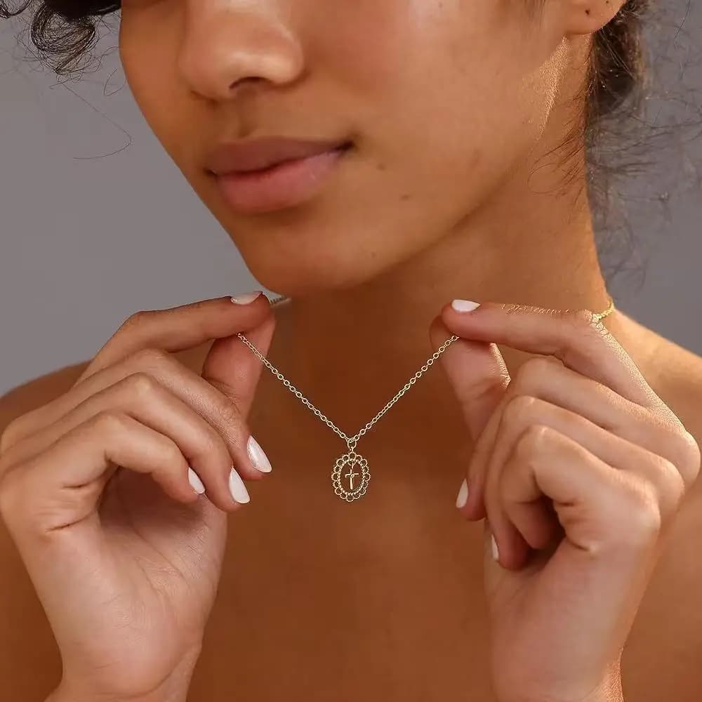 Elegant 14K Gold Plated Cross Necklace for Women, Dainty Mini Pearl Cross Pendant, Fashion Gold Jewelry