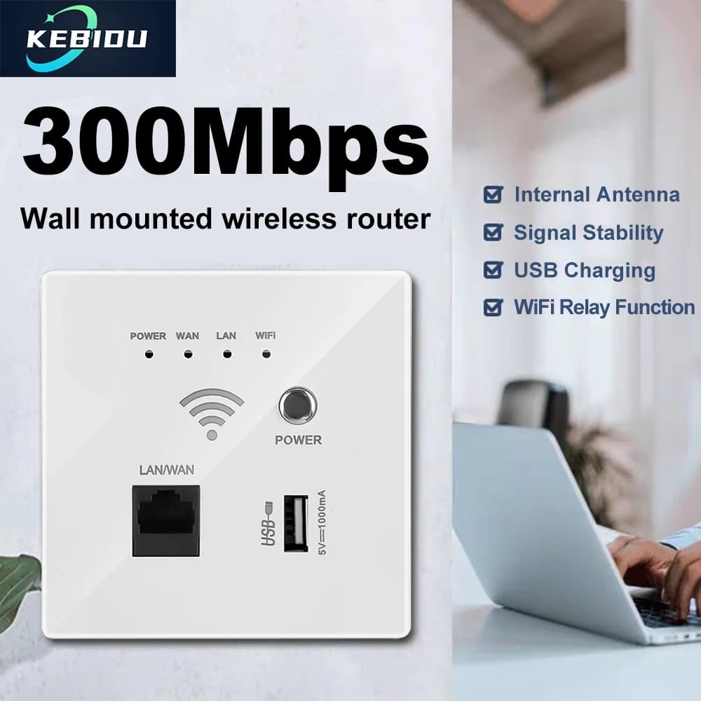 Relè AP wireless intelligente Punto di accesso 300Mbps Ripetitore WiFi Estensore Wifi Pannello router incorporato a parete di alimentazione 220V Caricatore USB RJ45